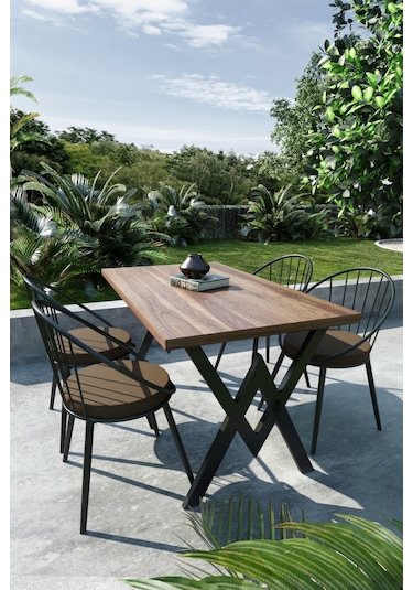 Evdemo Eylül 4 Kişilik Balkon Bahçe Masa Takımı Ceviz - Kahve