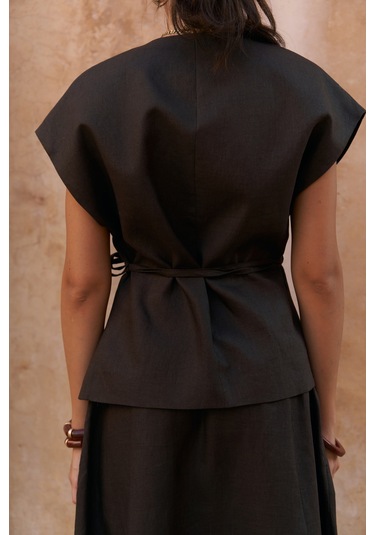 Fiametta Salaş Acı Kahve Keten Yelek Etek Takım Acı Kahverengi