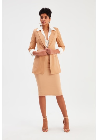 Sateen Düz Kalem Etek - Açık Camel