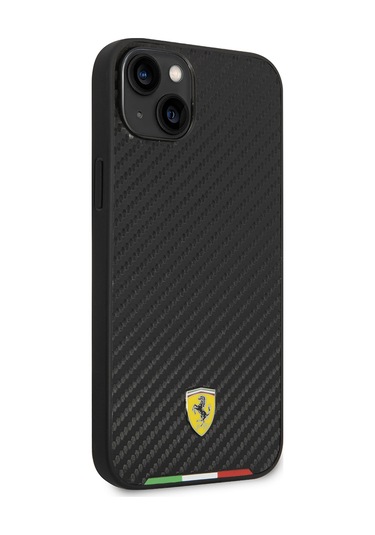 İphone Uyumlu 14 Plus Kılıf Ferrari Lisanslı Magsafe Uyumlu Karbon İtalyan Bayrak Dizayn Kapak Siyah