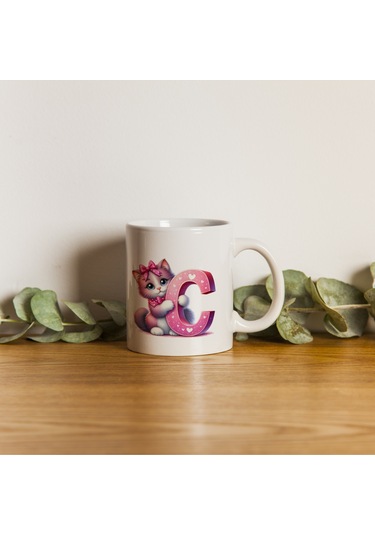 C Harfli Bardak, Sevimli Kedili Pembe Tasarım Bardak, Arkadaşa Aileye Hediye Porselen Beyaz