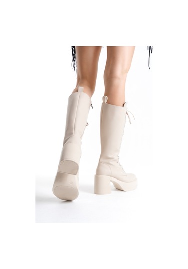 Ventes Kalın Taban Topuklu Fermuarlı Diz Altı Sade Bağcıklı Kadın Çizme TEN CİLT