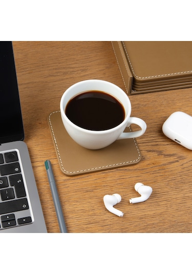 Bardak Altlığı,6 Lı Set,masaüstü Kare Cup Coaster,vegan Suni Deri,11x11 Cm.,vizon