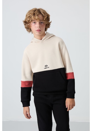 Tommy Life Bej-siyah Pamuklu Kalın İçi Tüylü Yumuşak Dokulu Standart Fit Nakışlı Erkek Çocuk Eşofman Takım - 1 Bej