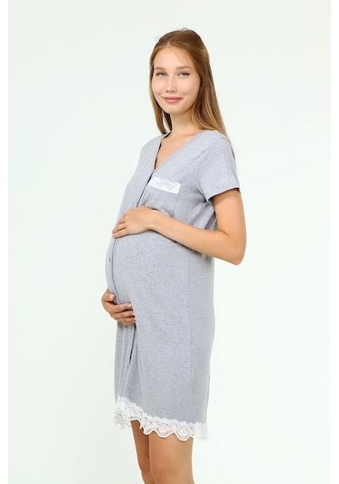Luvmabelly Myra9721 - Düğmeli Dantelli Cepli Hamile Geceliği - Gri-gri