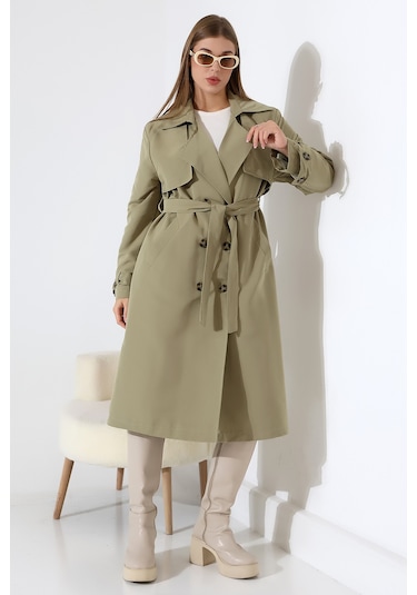 Amazon Keten Kumaş Diz Altı Yumuşak Dokulu Düğmeli Astarlı Trenç Kot Mint Yeşil Mint Yeşili