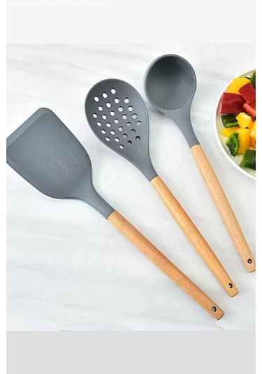 Gri 11'li Bambu Saplı Silikon Servis Seti - Kepçe, Kevgir, Maşa