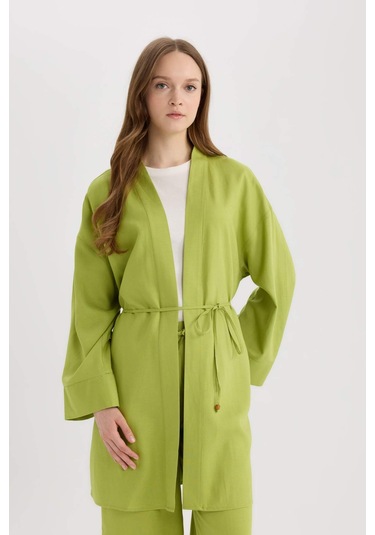 Defacto Relax Fit Kuşaklı Keten Karışımlı Kimono D8182ax25spgn698 Yeşil