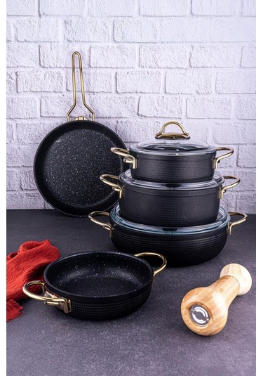 Bambum Node - 8 Parça Tencere Seti Siyah Siyah - Altın