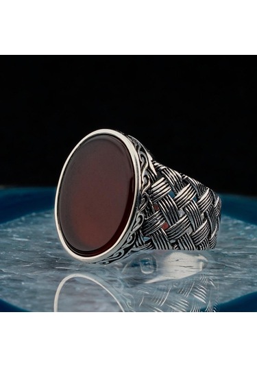 925 Ayar Gümüş Oval Kırmızı Akik Taşlı Örgü Desenli Erkek Yüzük - 554220170