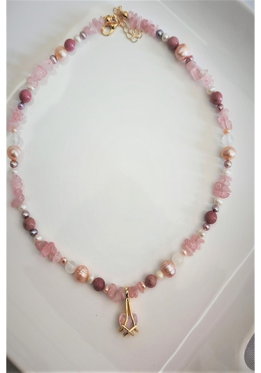 Badeaccessories Pembe Kuvars Kültür İncileri Rodonit Selenit Doğal Taş Kolye