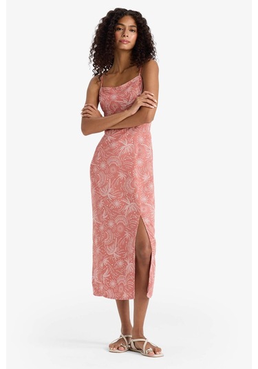 Defacto Kare Yaka Desenli Yırtmaçlı Keten Karışımlı Askılı Midi Elbise F7150ax25smbr154 Bordo