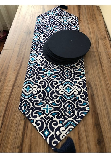 Marin Damask Desenli Runner & Lacivert Supla Çok Renkli
