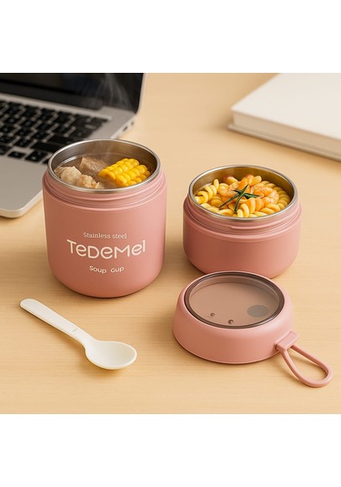 Dekorasyaa 2 Katlı Lunch Box - Pembe - Paslanmaz Çelik - Kaşıklı - Yemek Taşıma Kabı - 710ml Pembe