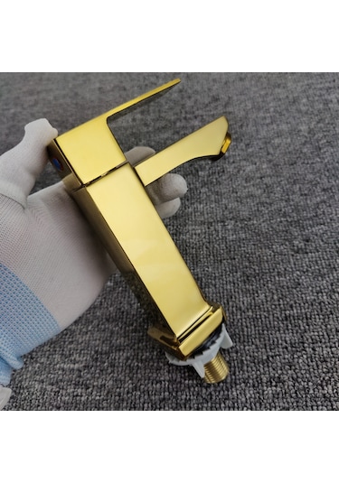 Yunboo Ev Banyo Lavabo Tek Soğuk Su Kranı, Altın Kaplama Dörtgen Tipi, Dayanıklı Malzeme, Ev Kullanıma Uygun Altın