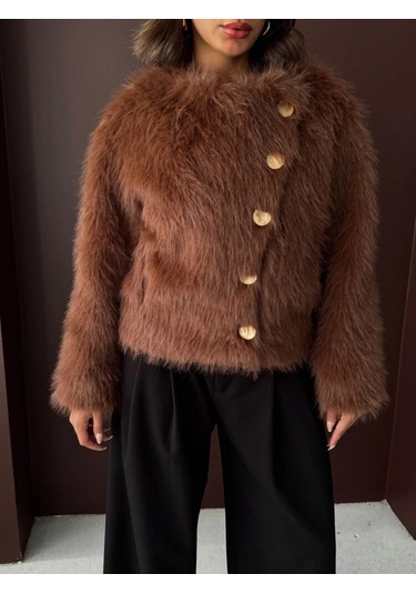 Kadın Vintage Peluş Tüylü Crop Ceket Altın Düğmeli Bisiklet Yaka Kışlık Şık Ceket Açık Kahve