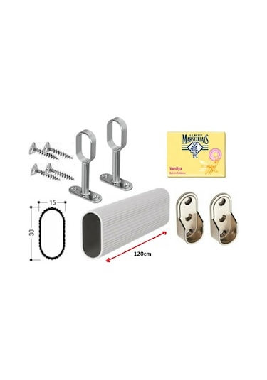 Dolap Içi Askı Borusu Alüminyum Oval 120cm + Ayaklı Flanş 2 Adet Krom