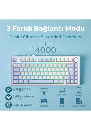 Aula F75 Mekanik Rgb Tkl Graywood V4 Switch Kablosuz Makrolu Hot Swap Türkçe Q Klavye Buz Mavisi