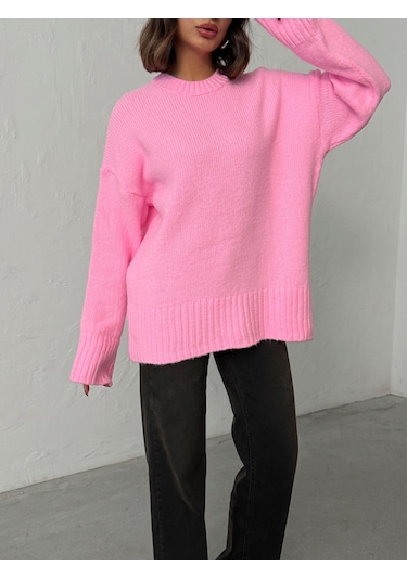 Kadın Yumuşak Dokulu Bisiklet Yaka Oversize Basic Triko Kazak Pembe