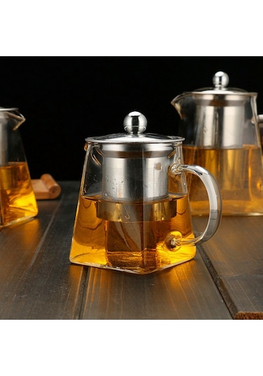 Borosilikat Cam Çelik Süzgeçli Ve Kapaklı Piramit  Demlik 750 ML Şeffaf