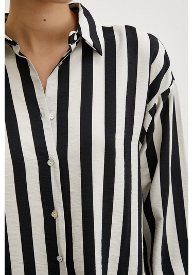 Never More Robalı Çizgili Gömlek Siyah