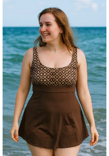 Etekli Elbise Mayo Yüzücü Mayo Desenli 335-452 Kahverengi Kahverengi