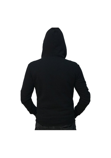 Düz Siyah Fermuarlı Kapşonlu Sweatshirt Siyah