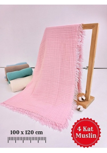 4 Kat Müslin Mint Yeşil Saçaklı Bebek Battaniyesi 100x120 Cm- %100 Pamuklu & Çok Amaçlı Battaniye Pembe