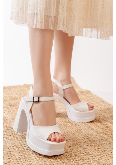 Asmi Shoes Kadın Tek Bantlı 12cm Platformlu Topuklu Ayakkabı Beyaz Beyaz