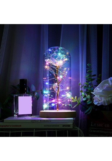 Geeroyoo Renkli Cam Kapaklı Altın Folyo Gül Dekoratif Led Gece Lambası - Plastik Çiçek + Ahşap Tabanlı, 20 Led Işıklı, Kaliteli Ve Dayanıklı Diğer