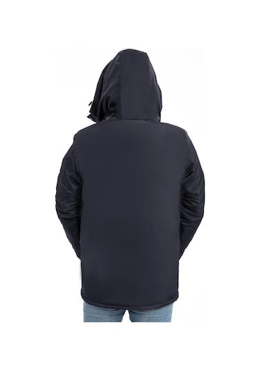 Erkek Lacivert Içi Polarlı Kürklü Su Ve Rüzgar Geçirmez Kapüşonlu Kışlık Mont & Kaban & Parka Lacivert