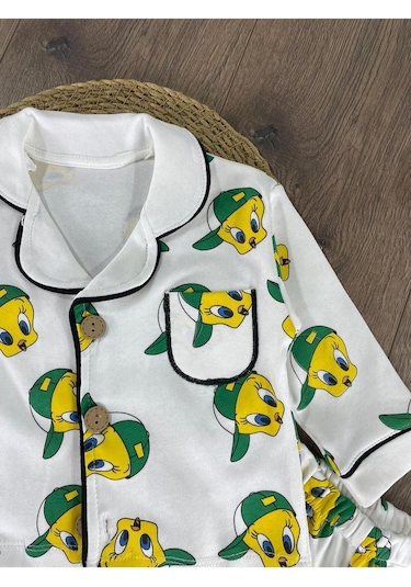 Tweety Baskılı Kruvaze Yaka Pijama Takımı 4bb2 Beyaz