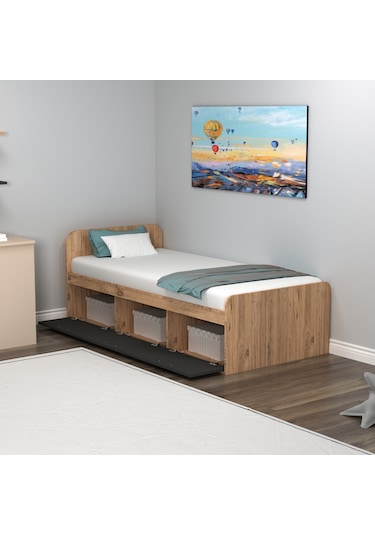 Arnetti Akser 90x190 Cm Yatak Uyumlu 3 Kapaklı Dolaplı Tek Kişilik Karyola Atlantik Çam Antrasit - Akser