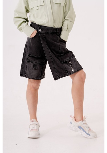 Kız Çocuk Şeritli Kot Şort Etek 2875 Gri