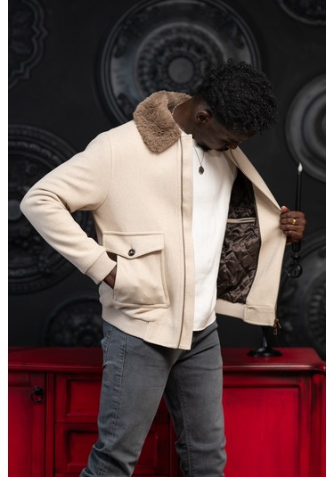 Slimfit Kürklü Sabit Yaka Beli Lastikli Astarlı Kaşe Mont Krem