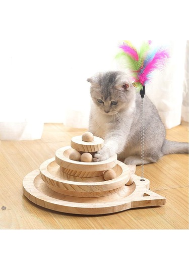 Hpytech Ahşap Kedi Oyuncağı Toplu Zeka Oyuncağı & Tüylü Olta Seti