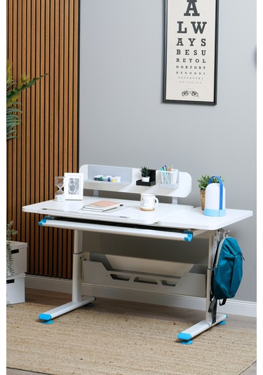 Vega Standart Yükseklik Ve Eğim Ayarlı, Çekmeceli Ergonomik Bilgisayar, Ofis Ve Çalışma Masası Mavi Gri