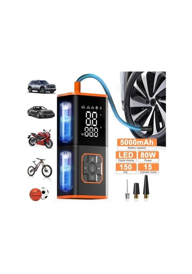 Primepickings Black + Various Accessories Taşınabilir Lastik Şişirme Cihazı 150 Psı Hızlı Şişirme Şarj Edilebilir 2000mah Dijital Basınç Göstergesi Led Işıklar Dayanıklı Kablosuz