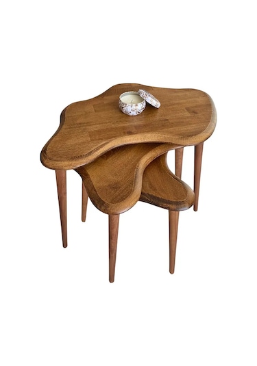 Fawdecor Asimetrik Masif Ahşap Zigon Sehpa Takımı 3'lü Set Ceviz