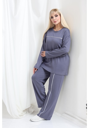 Kadın Büyük Beden Oysho Tarzı Modal Kumaş Uzun Kollu Biyeli Rahat Günlük Takım Gri