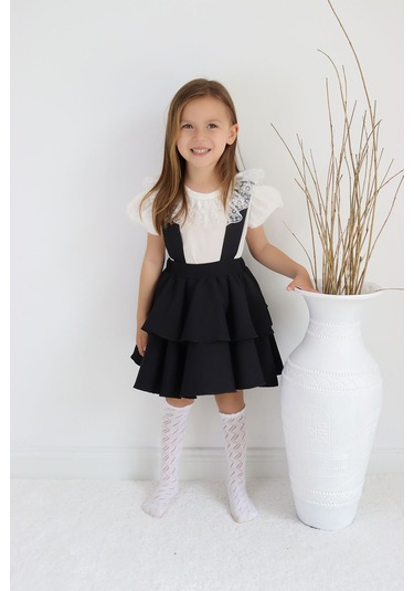 Kız Çocuk Helen Siyah Askılı Kat Kat Bağlama Jile Elbise Dantel Detay Ekru Kısa Kollu Bluz Takım