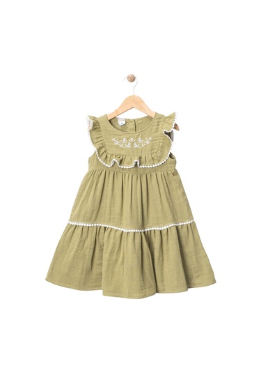 Robası Nakışlı Müslin Elbise Yeşil