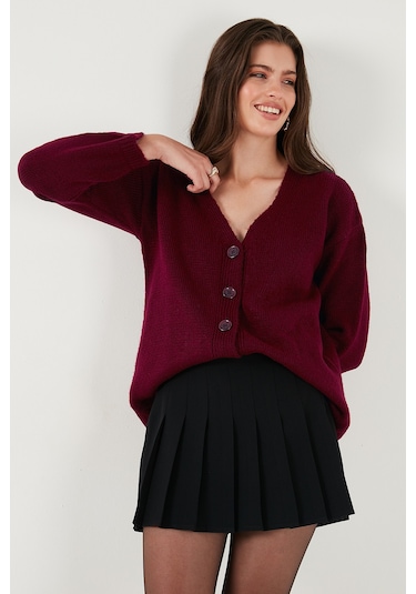 Lela Regular Fit V Yaka Düğmeli Triko Bayan Hırka 4616229 Bordo