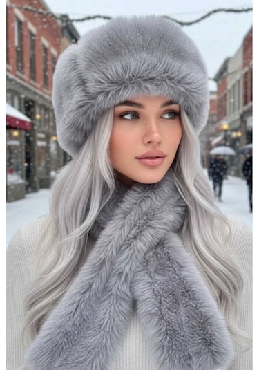 Tezzgelsin Kadın Kışlık Vegan Kürk Peluş Kalpak Şapka Ve Atkı Seti Gri
