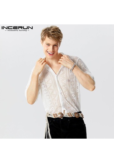 Incerun Yaz Erkek Yarım Kol Şeffaf Fileli İplik Dantel Gömlekler Beyaz