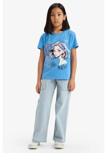 DeFacto Kız Çocuk Bisiklet Yaka Baskılı Kısa Kollu Tişört E0350A825SMBE339 Mavi