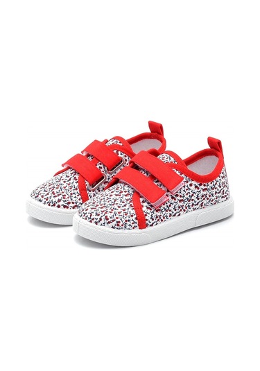 Çiçek Desenli Çift Cırtlı Keten Spor Çocuk Ayakkabısı-kırmızı-f-498 Kırmızı