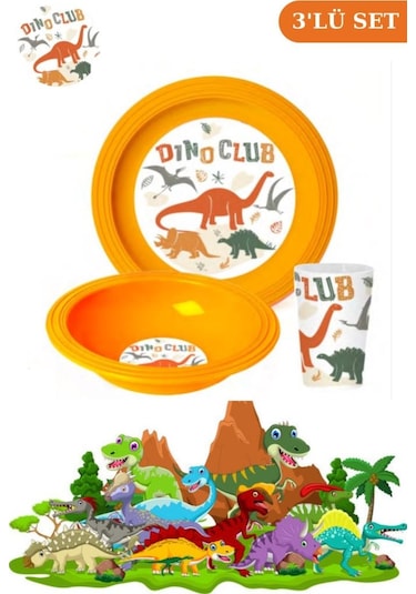 Flosoft Lisanslı Dino Club Çocuk Kahvaltı Seti, Dinozorlar Desenli Kase Tabak Bardak 3 Lü Yemek Seti Çok renkli