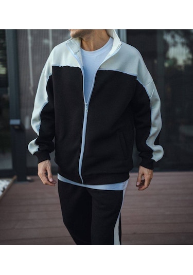 Lulikwear Fermuarlı Kapüşonlu Oversize Pamuklu Sweatshirt Takım Siyah