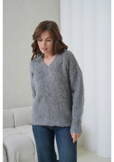 Kadın V Yaka Sakal Dokulu Şardonlu Oversize Triko Kazak 8695 Antrasit